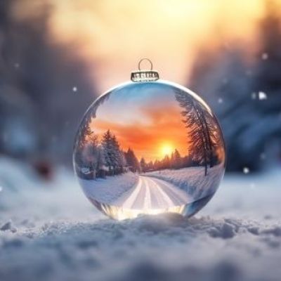 A Christmas ornament sits on a snowy forest road, the winter's sun sets in the background while delicate snowflakes float through the air