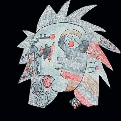 A modern art face with funky blue and red shapes