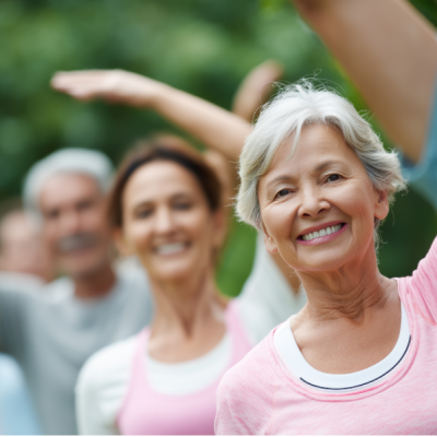 Smiling seniors exercise in the park