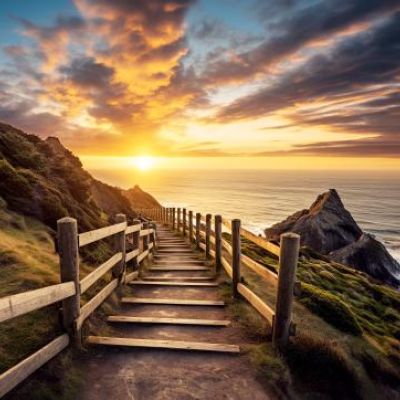 A cliffside path leads down to an ocean bathed in the light of the setting sun