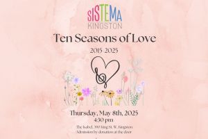 Pink poster with flowers and the Sistema Kingston logo