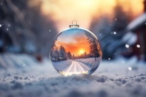 A Christmas ornament sits on a snowy forest road, the winter's sun sets in the background while delicate snowflakes float through the air