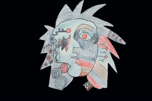 A modern art face with funky blue and red shapes