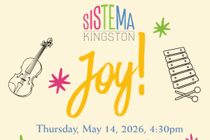 A concert poster. Illustrations of instruments decorate the background. 