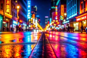A New York street glistens with freshly fallen rain