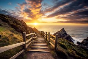 A cliffside path leads down to an ocean bathed in the light of the setting sun